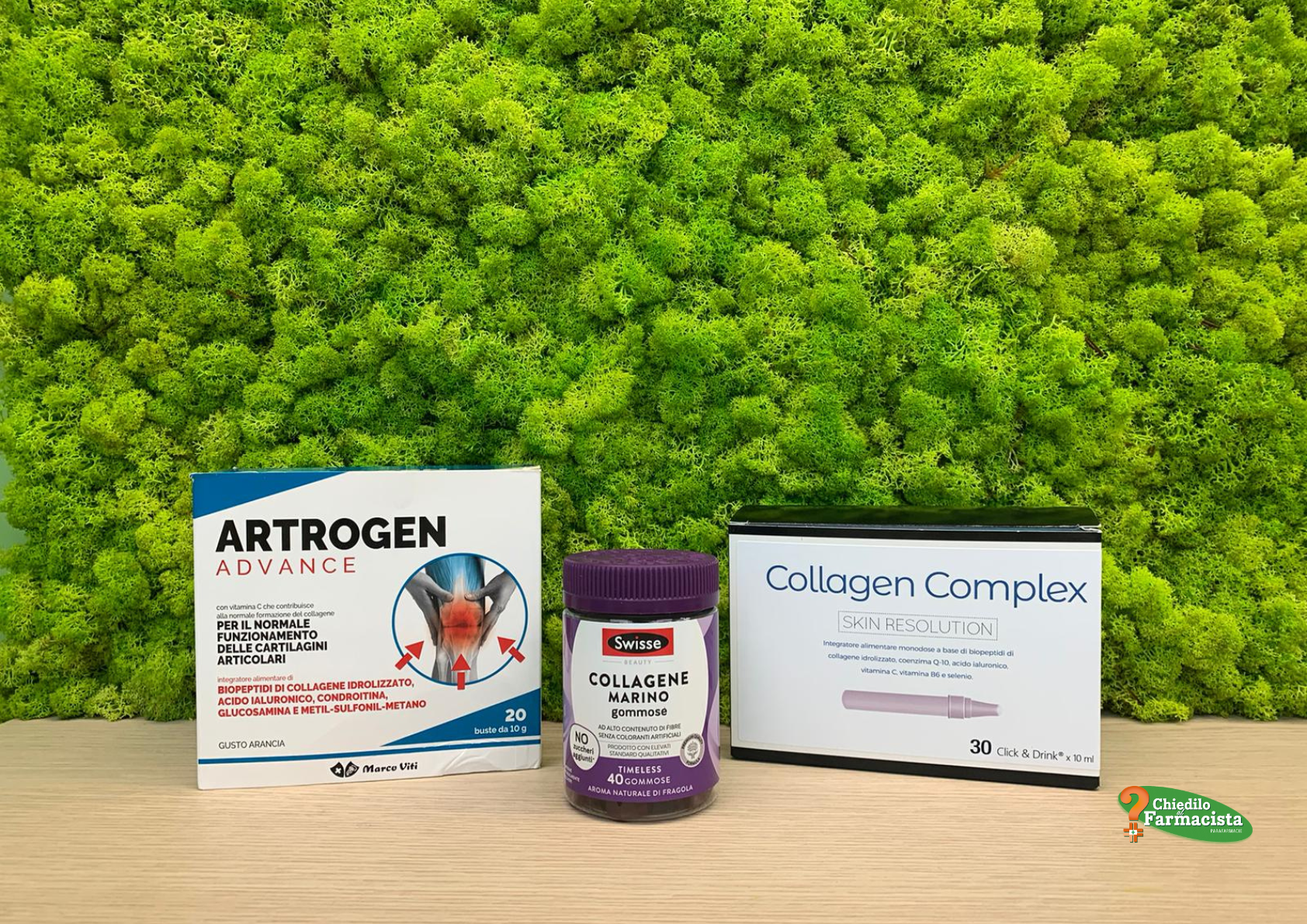 Integratori di collagene in commercio: Collagene Marino Swisse per la pelle e la bellezza, Artrogen per ossa e articolazioni, e Collagen Complex per un supporto completo a pelle, tessuti e articolazioni.