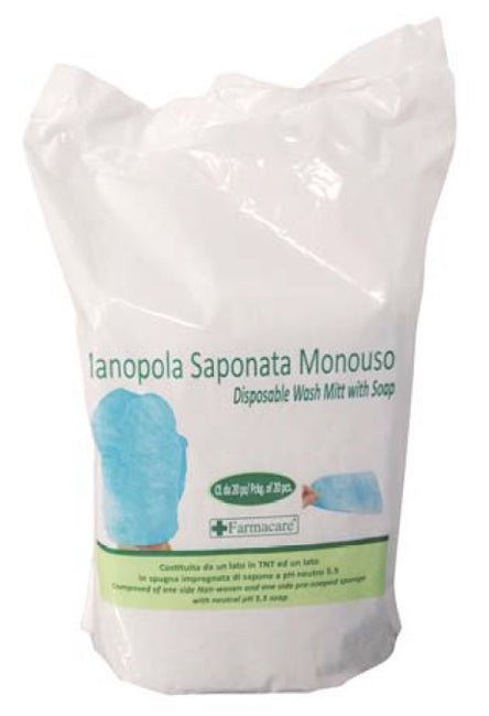 Manopola monouso per lavaggi parziali composta da una spugna in poliestere saponata e da un drappo in tessuto non tessuto senza risciacquo detergente a ph isocutaneo