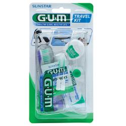 Gum travel kit viaggio 1 spazzolino pieghevole gum travel + 1 dentifricio viaggio 12 ml + 1 rocchetto filo interdentale 10mt + 2 scovolini gomma gum soft picks