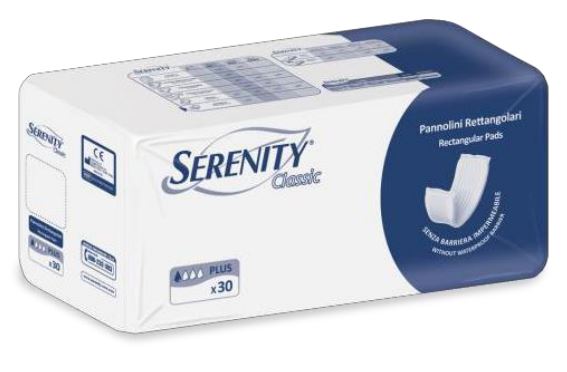 Pannolone per incontinenza rettangolare senza barriera impermeabile serenity classic 30 pezzi