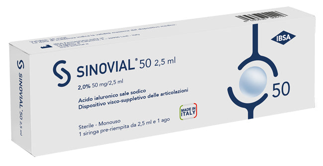 Siringa intra-articolare sinovial 50 acido ialuronico sale sodico 2% 50mg/2,5ml 2,5ml + ago 21 gauge
