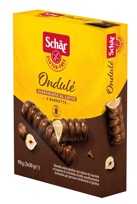 Schar ondule' barrette con ripieno di nocciole ricoperte di cioccolato al latte 3 porzioni da 30 g