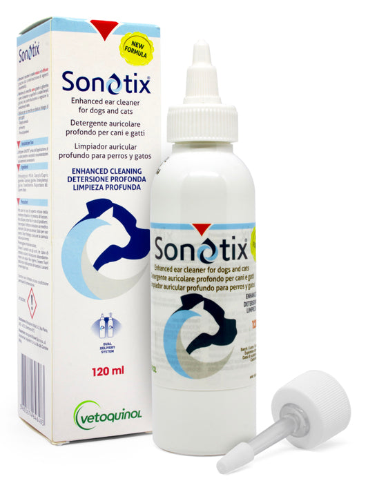 Sonotix detergente auricolare profondo cani e gatti 120 ml + cannula corta rigida + cannula lunga flessibile
