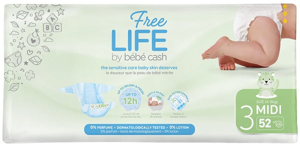 Freelife by bebecash pannolini midi taglia 3 4-9 kg girovita 35-56 cm 52 pezzi