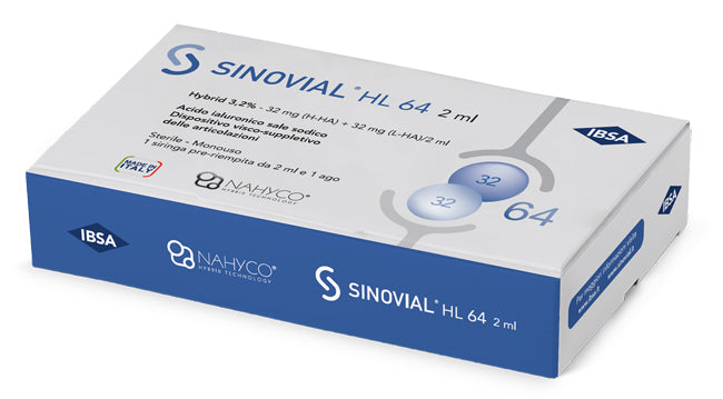Siringa intra-articolare sinovial hl 64 acido ialuronico sale sodico 3,2% 32mg h-ha + 32mg h-la/2ml 2 ml