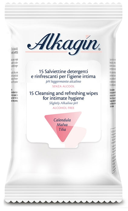 Alkagin salviettine detergenti e rinfrescanti per l&#039;igiene intima ph leggermente alcalino senza alcool 15 pezzi calendula malva e tilia